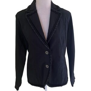 Chico's Black Stretch Cotton Two Button Blazer with Ruffle and Velvet Trim 1(8)